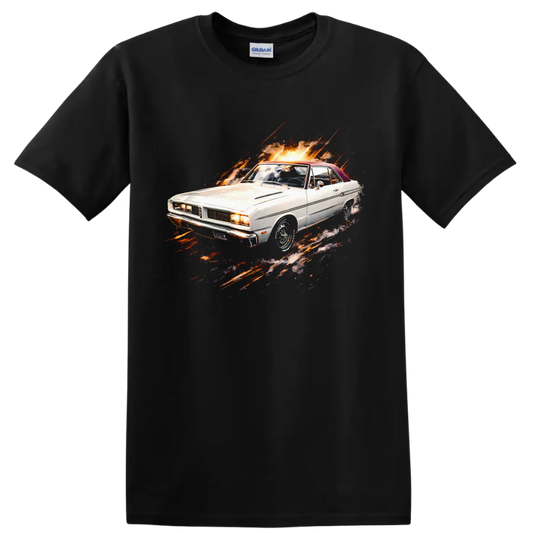 White Dodge Dart old car with fiery graphic burst on a black T-shirt on a Black T Shirt