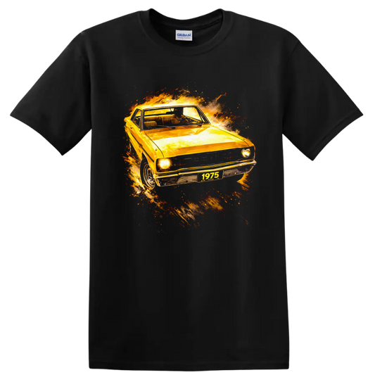 1975 Dodge Dart with fiery vintage car graphic print on T shirt on a Black T Shirt