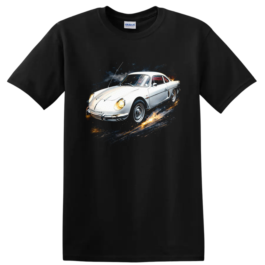White Alpine A110 classic car with colorful splash graphic print on a Black T Shirt