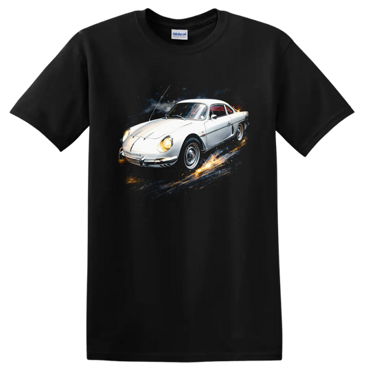 White Alpine A110 classic car with colorful splash graphic print on a Black T Shirt