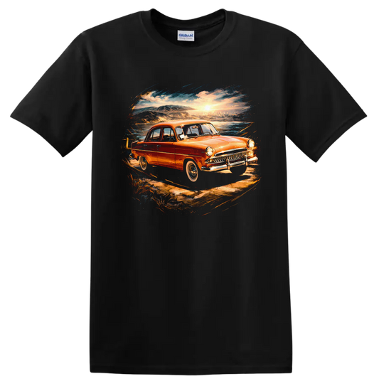Aero-Willys 1962 old car sunset coastal graphic T shirt on a Black T Shirt