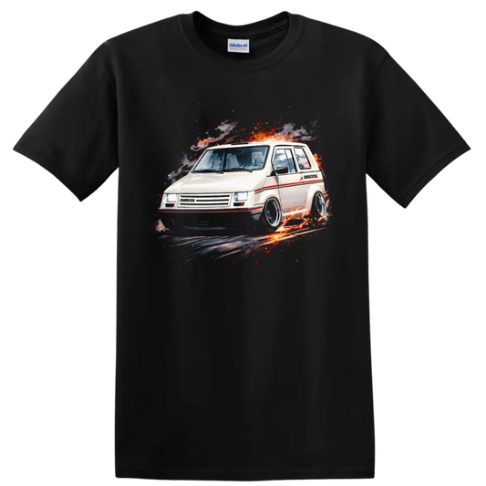 White Gurgel BR-800 old car with explosive retro graphic print on black T shirt on a Black T Shirt