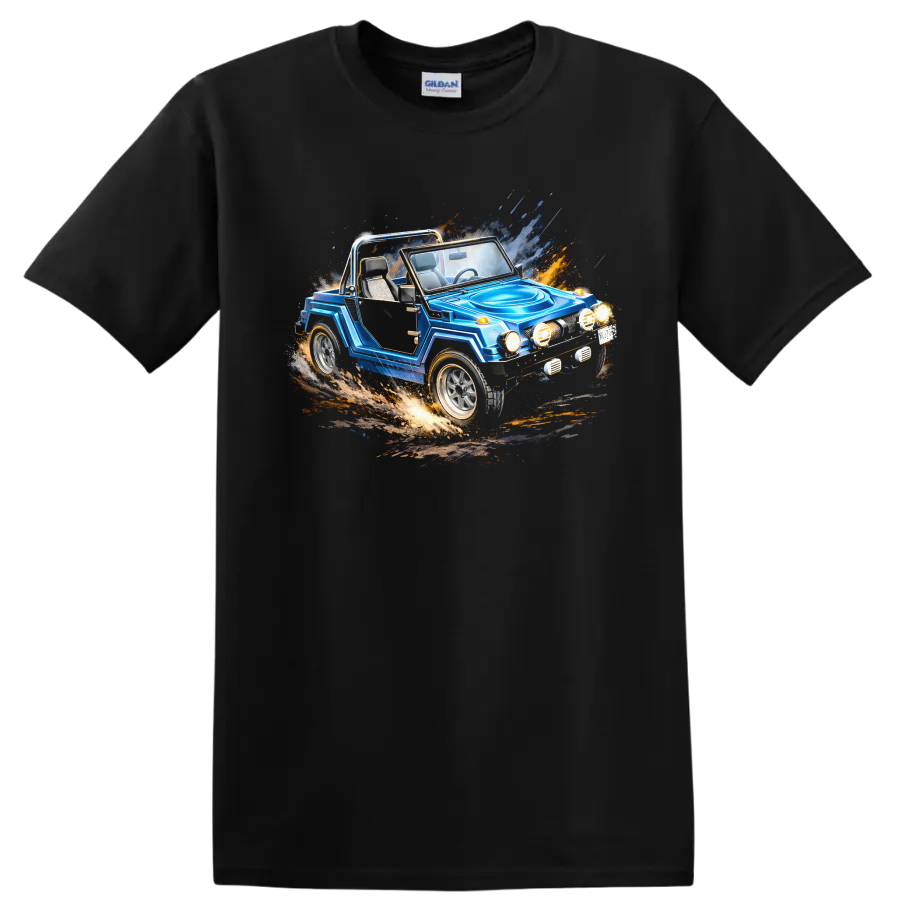 Blue Gurgel X12 off-road car graphic print with motion splash effects on a Black T Shirt