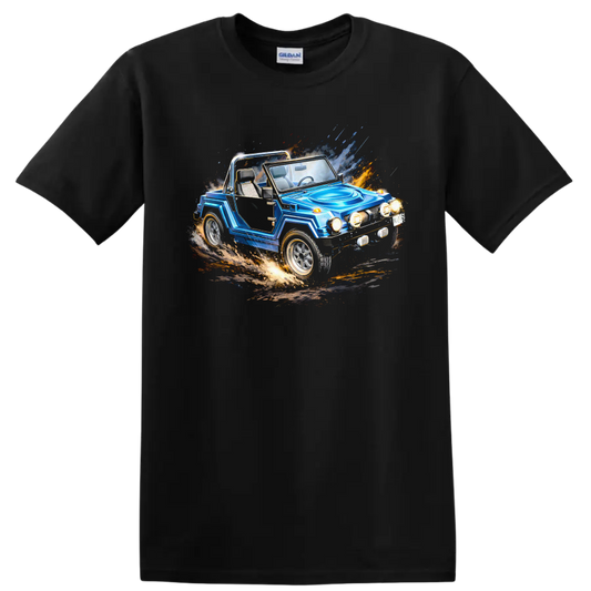 Blue Gurgel X12 off-road car graphic print with motion splash effects on a Black T Shirt