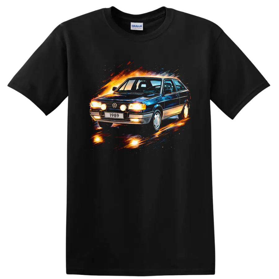 Vintage Volkswagen Gol car with fiery motion splash graphic print on T shirt on a Black T Shirt
