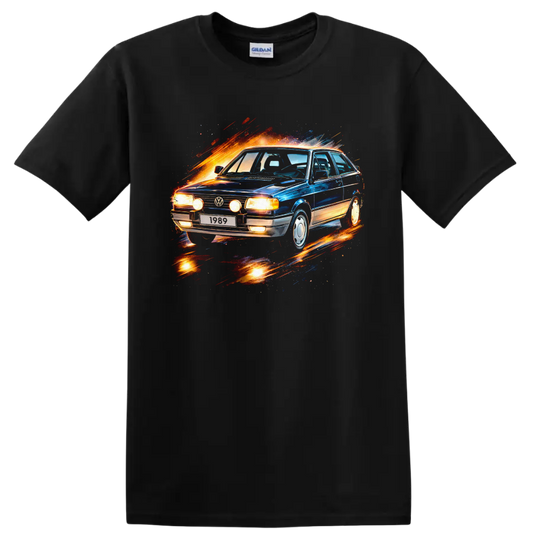 Vintage Volkswagen Gol car with fiery motion splash graphic print on T shirt on a Black T Shirt