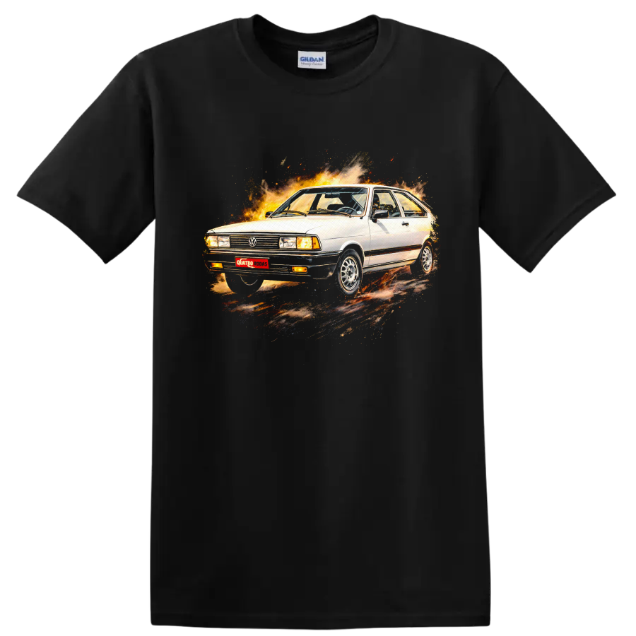 White Volkswagen Passat B1 surrounded by flames on a graphic print T-shirt on a Black T Shirt