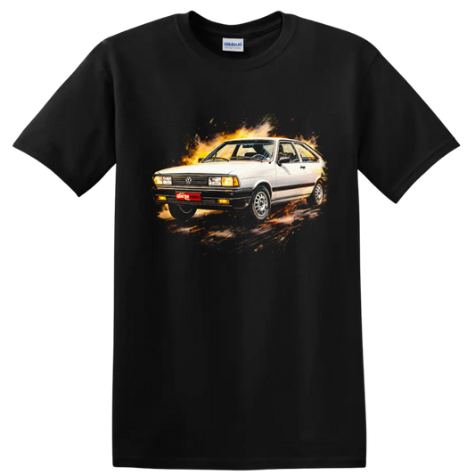 White Volkswagen Passat B1 surrounded by flames on a graphic print T-shirt on a Black T Shirt