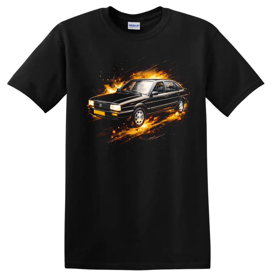 Volkswagen Santana old car with flames and motion streaks graphic print on T shirt on a Black T Shirt