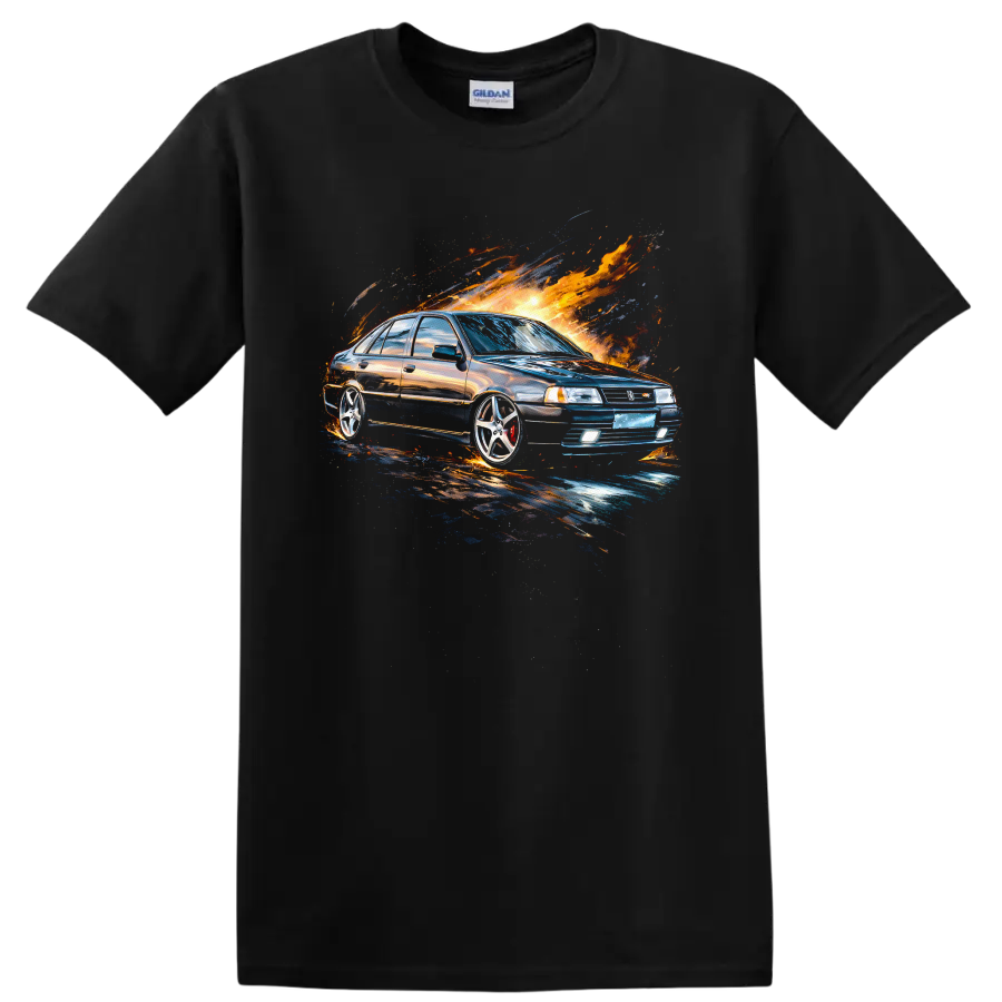 Nissan Cefiro A31 drifting car graphic with fiery splash artwork on T shirt on a Black T Shirt