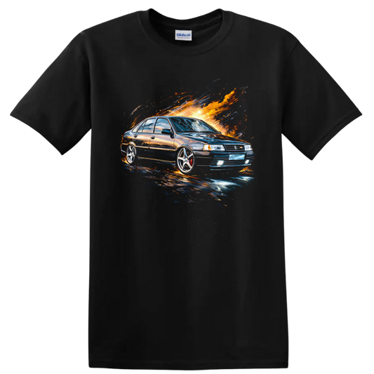 Nissan Cefiro A31 drifting car graphic with fiery splash artwork on T shirt on a Black T Shirt