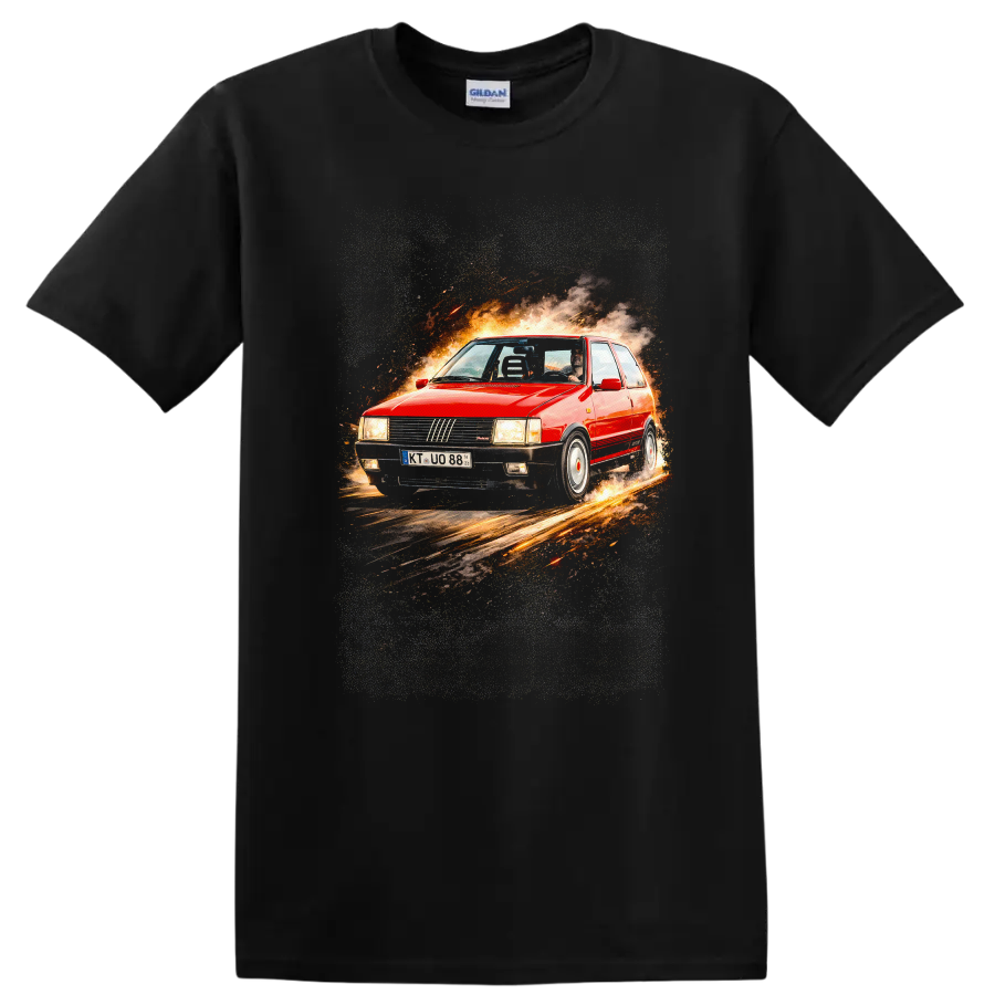Red Fiat Uno Turbo i.e. MK1 graphic print with fiery smoke and sparks on a Black T Shirt