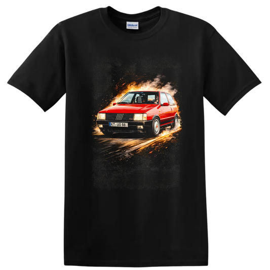 Red Fiat Uno Turbo i.e. MK1 graphic print with fiery smoke and sparks on a Black T Shirt