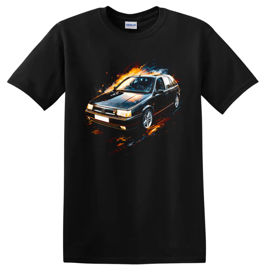 Fiat Tipo old car graphic print with colorful motion splashes on a Black T Shirt