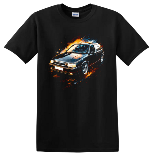Fiat Tipo old car graphic print with colorful motion splashes on a Black T Shirt