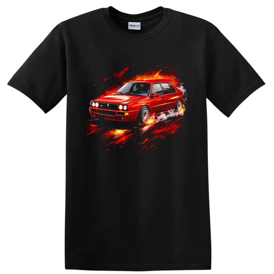 Red Lancia Delta HF Integrale Evo II old car graphic with fiery motion effects on a Black T Shirt