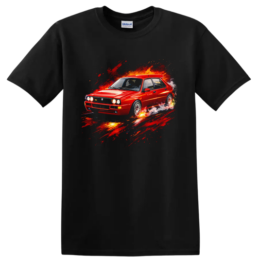 Red Lancia Delta HF Integrale Evo II old car graphic with fiery motion effects on a Black T Shirt