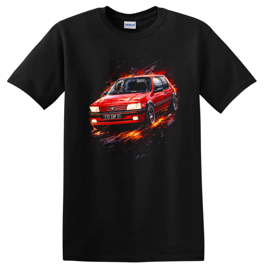 Red Peugeot 205 GTI old car graphic print with splash effect on a Black T Shirt