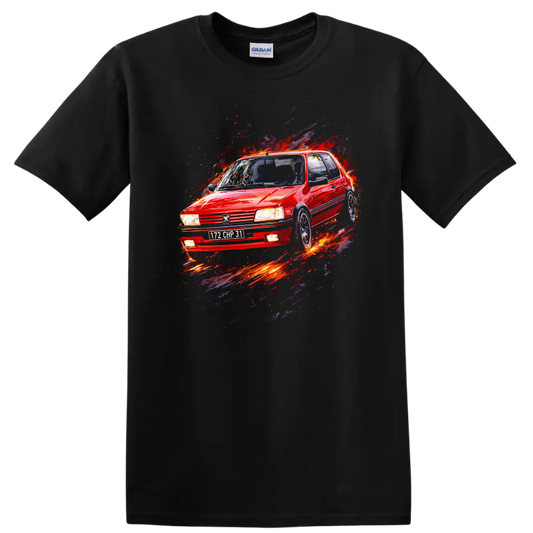 Red Peugeot 205 GTI old car graphic print with splash effect on a Black T Shirt