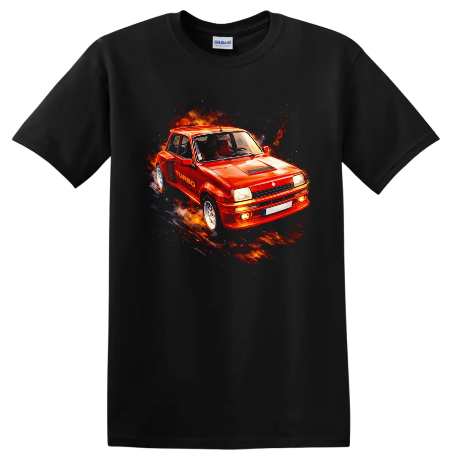 Renault 5 Turbo red old car graphic print T shirt with fiery racing splash on a Black T Shirt