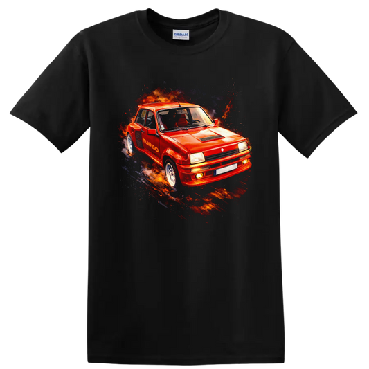 Renault 5 Turbo red old car graphic print T shirt with fiery racing splash on a Black T Shirt