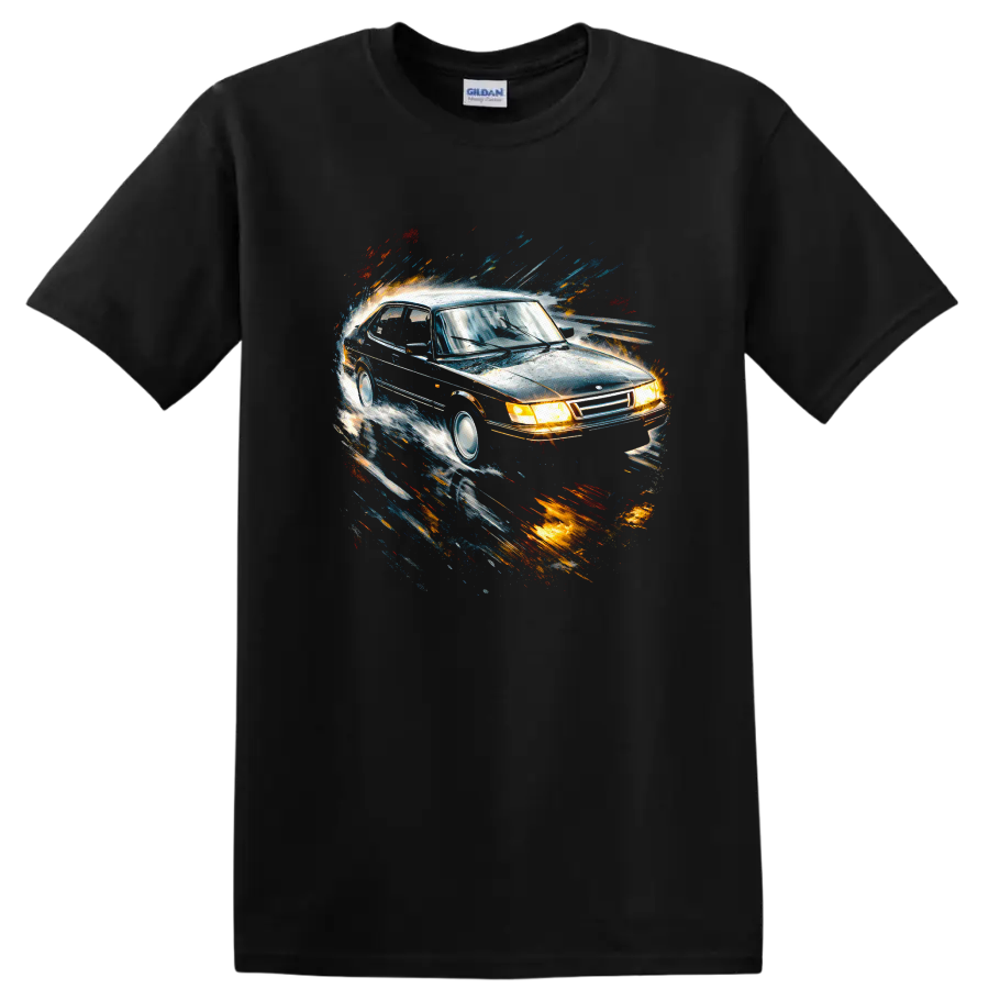 Saab 900 Turbo car graphic with colorful motion streaks on a black T shirt on a Black T Shirt