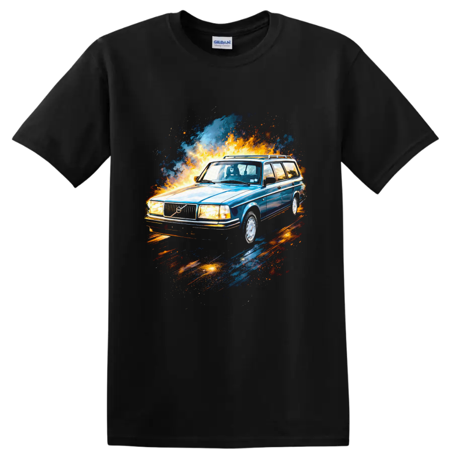 Blue Volvo 240 wagon with fire and paint splash graphic on T shirt on a Black T Shirt