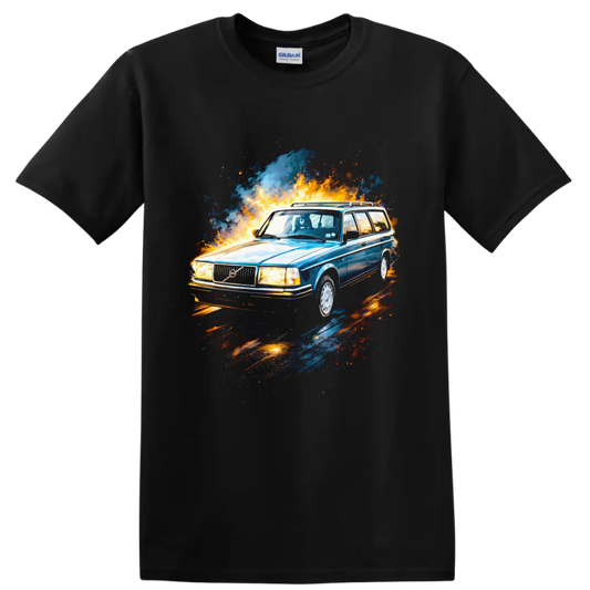 Blue Volvo 240 wagon with fire and paint splash graphic on T shirt on a Black T Shirt