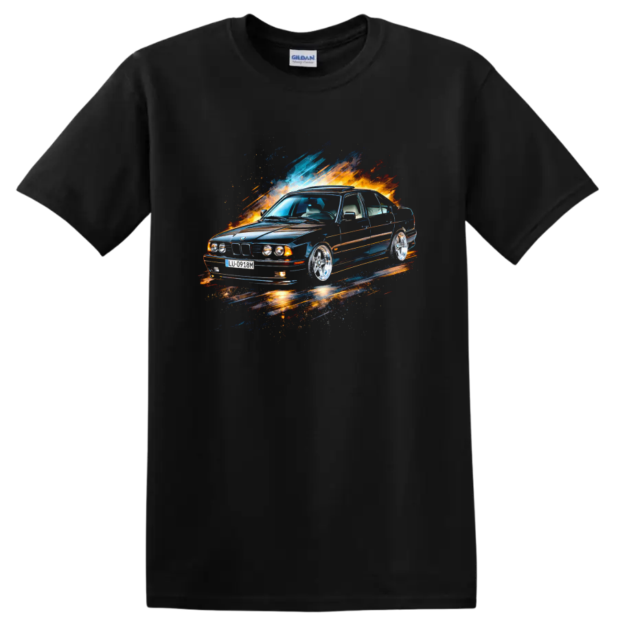 BMW E34 sedan graphic with blue and orange splash effects T-shirt on a Black T Shirt