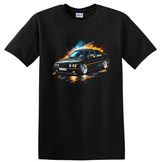 BMW E34 sedan graphic with blue and orange splash effects T-shirt on a Black T Shirt