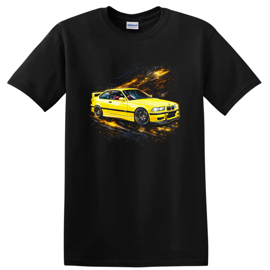 Yellow BMW E36 M3 car with colorful motion streaks graphic on T shirt on a Black T Shirt
