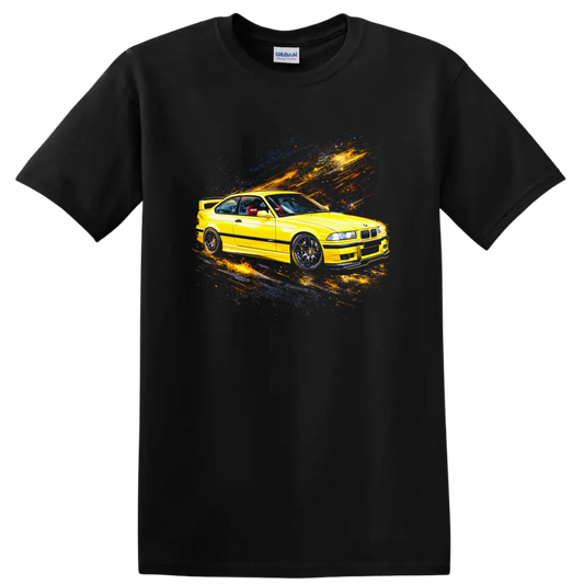 Yellow BMW E36 M3 car with colorful motion streaks graphic on T shirt on a Black T Shirt