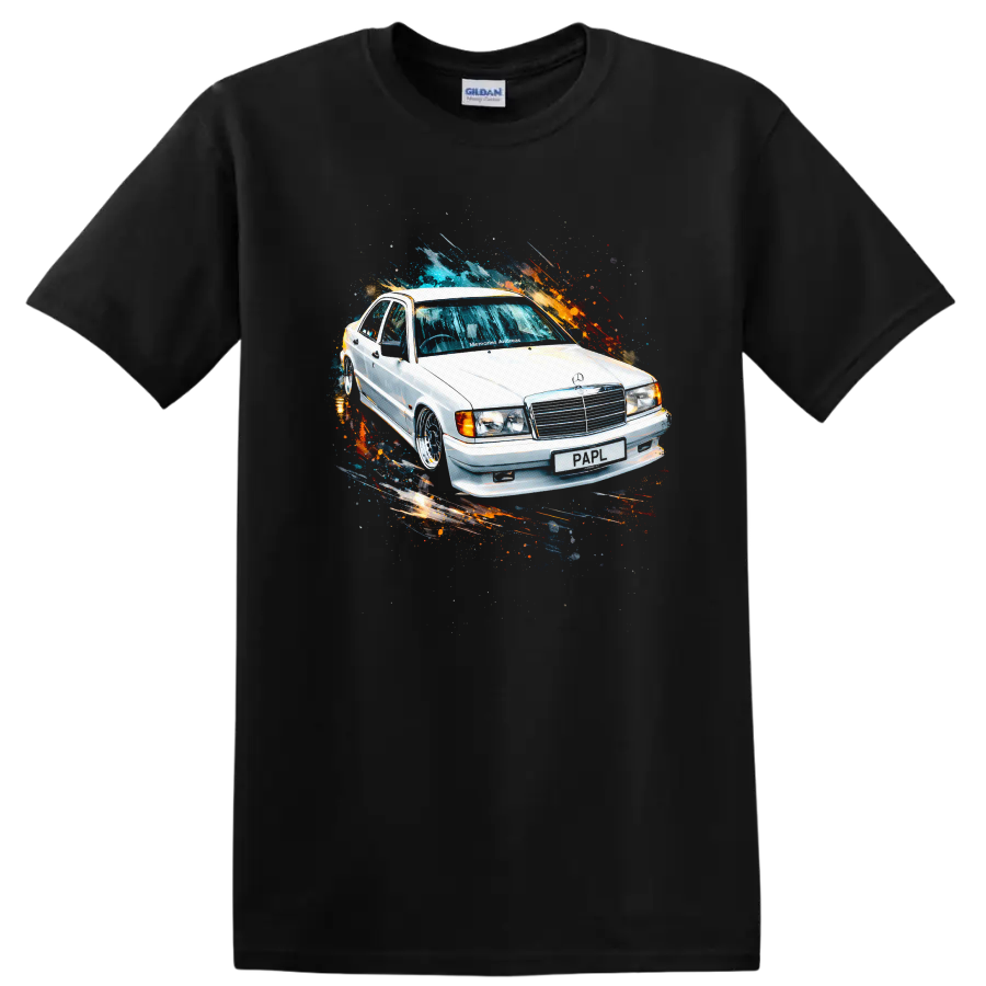 White Mercedes-Benz 190E car with colorful paint splash graphic print on a Black T Shirt