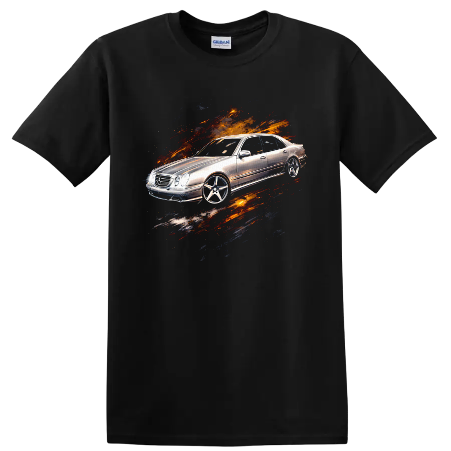 Silver Mercedes-Benz E-Class W210 with paint-splatter graphic print on a Black T Shirt