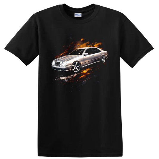 Silver Mercedes-Benz E-Class W210 with paint-splatter graphic print on a Black T Shirt