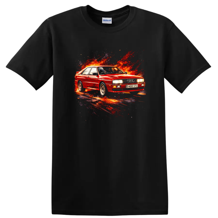 Red Audi Quattro old car graphic print with fiery splash effect on T shirt on a Black T Shirt