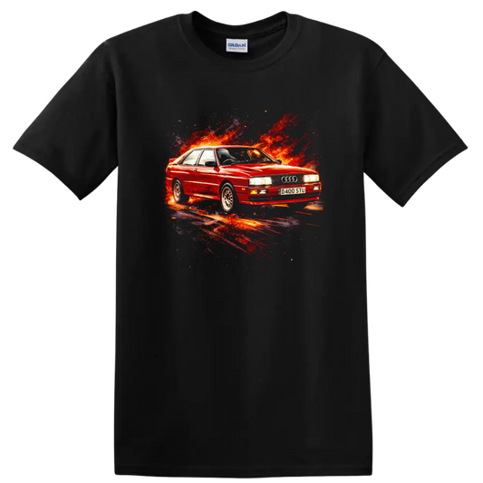 Red Audi Quattro old car graphic print with fiery splash effect on T shirt on a Black T Shirt
