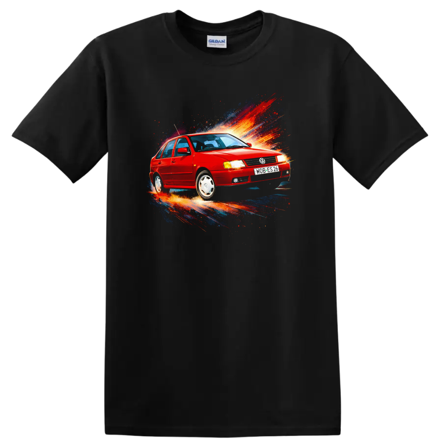 Red Volkswagen Polo Classic car with colorful splash graphic print on black background on a Black T Shirt