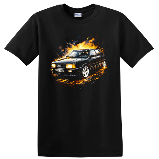 Audi 80 B2 car with flames and racing style graphic print on black T shirt on a Black T Shirt