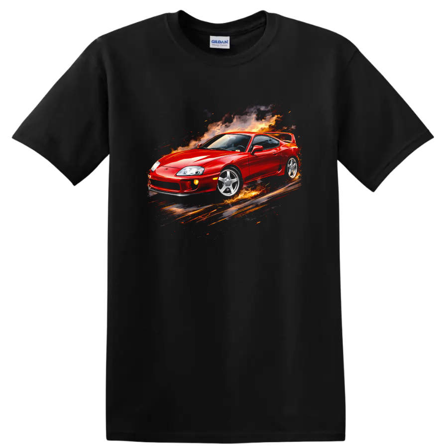 Red Toyota Supra MK4 surrounded by flames and smoke on a graphic print T shirt on a Black T Shirt