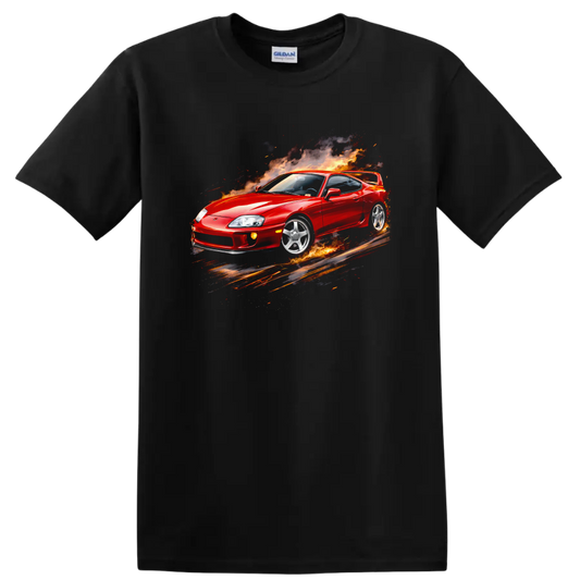 Red Toyota Supra MK4 surrounded by flames and smoke on a graphic print T shirt on a Black T Shirt
