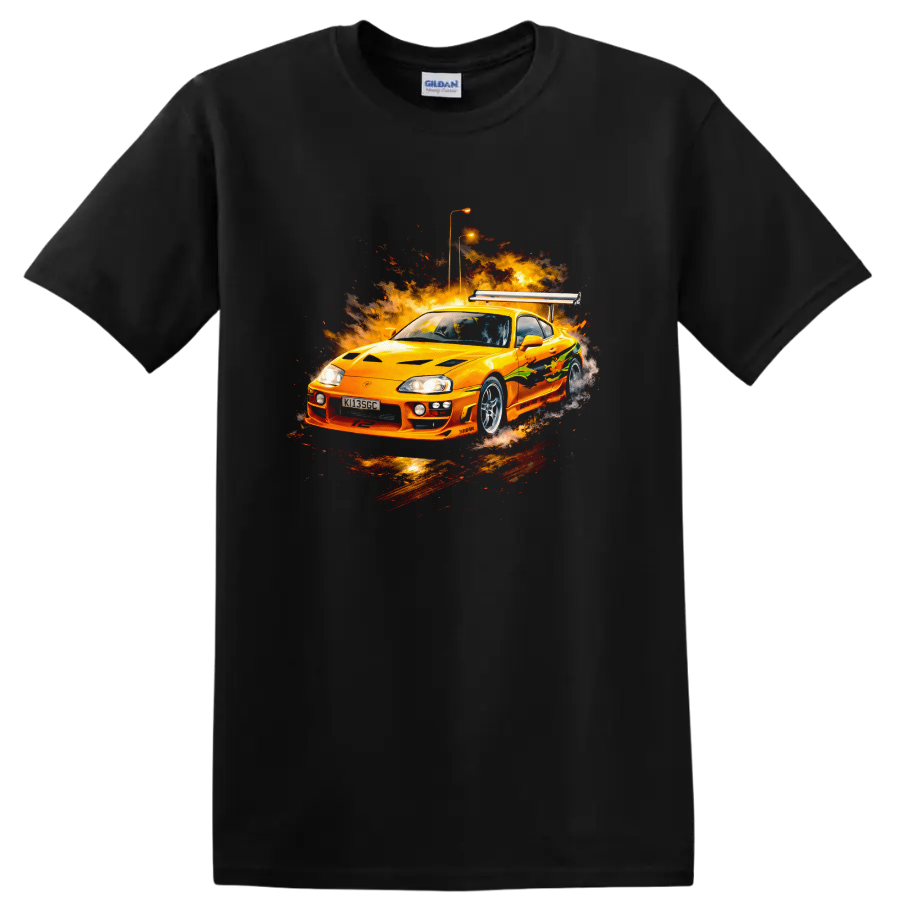 Orange Toyota Supra MK4 with fiery graphic burst, automotive T shirt design on a Black T Shirt