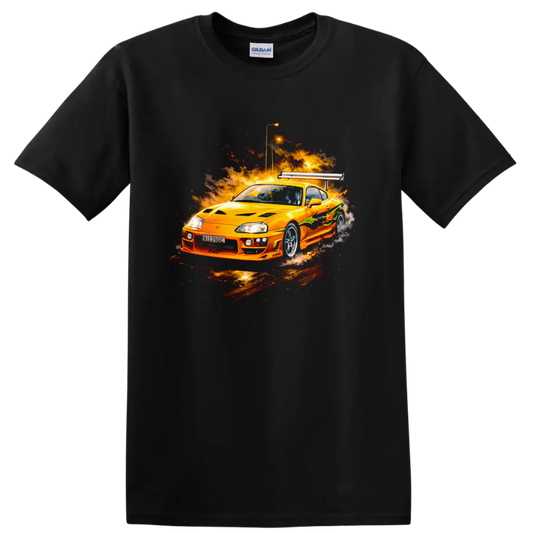 Orange Toyota Supra MK4 with fiery graphic burst, automotive T shirt design on a Black T Shirt