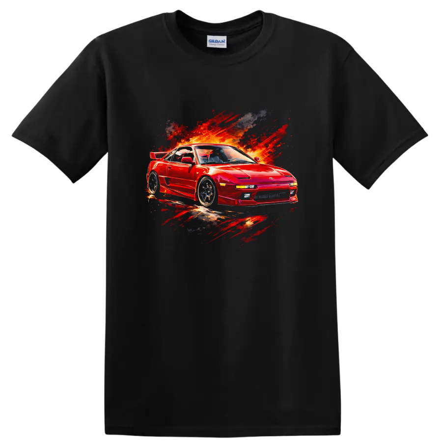 Red Toyota MR2 sports car with fiery paint-splash graphic print on a T shirt on a Black T Shirt