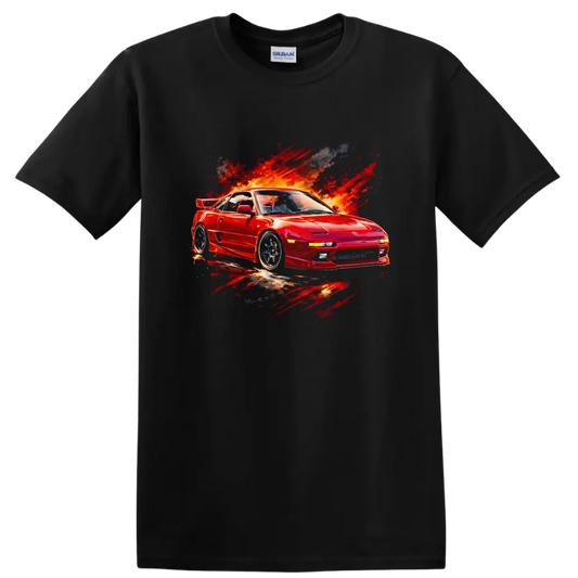 Red Toyota MR2 sports car with fiery paint-splash graphic print on a T shirt on a Black T Shirt