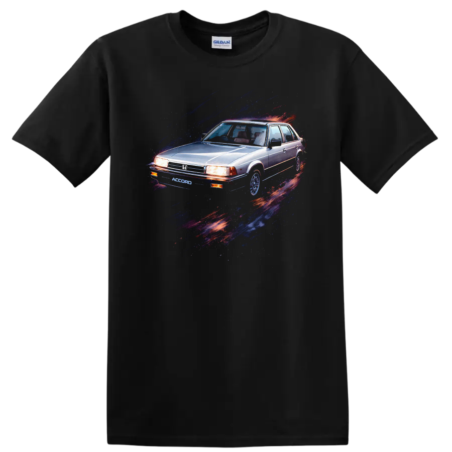 Old Honda Accord sedan graphic print T-shirt with blue and red paint streaks on a Black T Shirt