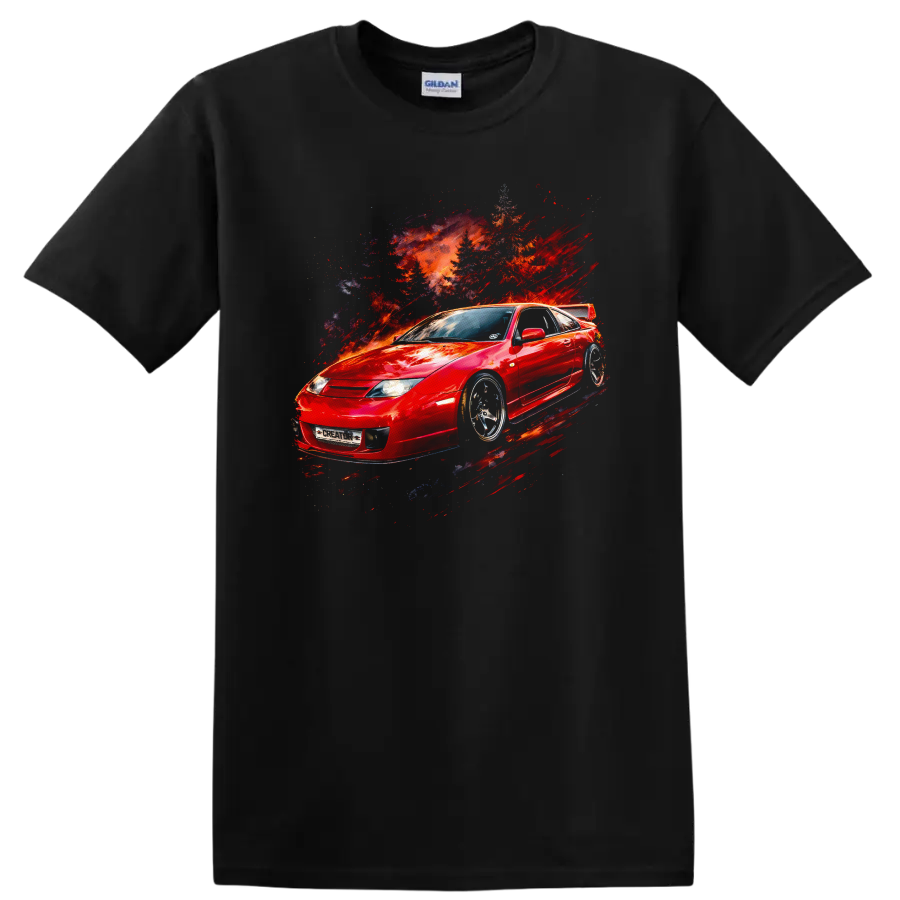 Red Nissan 300ZX Z32 sports car with abstract fiery motion graphic print on a Black T Shirt