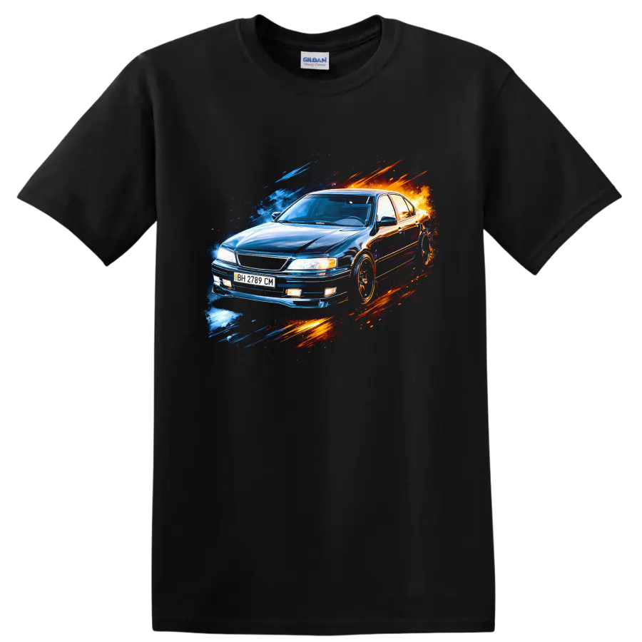 Blue Nissan Maxima A32 sedan with blue and orange streaks graphic print on a Black T Shirt