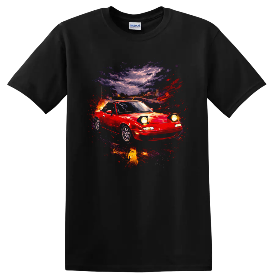 Red Mazda MX-5 Miata sports car with colorful abstract street-scene graphic print on a Black T Shirt