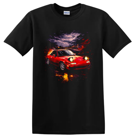Red Mazda MX-5 Miata sports car with colorful abstract street-scene graphic print on a Black T Shirt